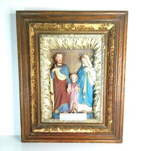 Antique Religious Home Altar of the Holy Family Confraternity in Wood Shadow Box